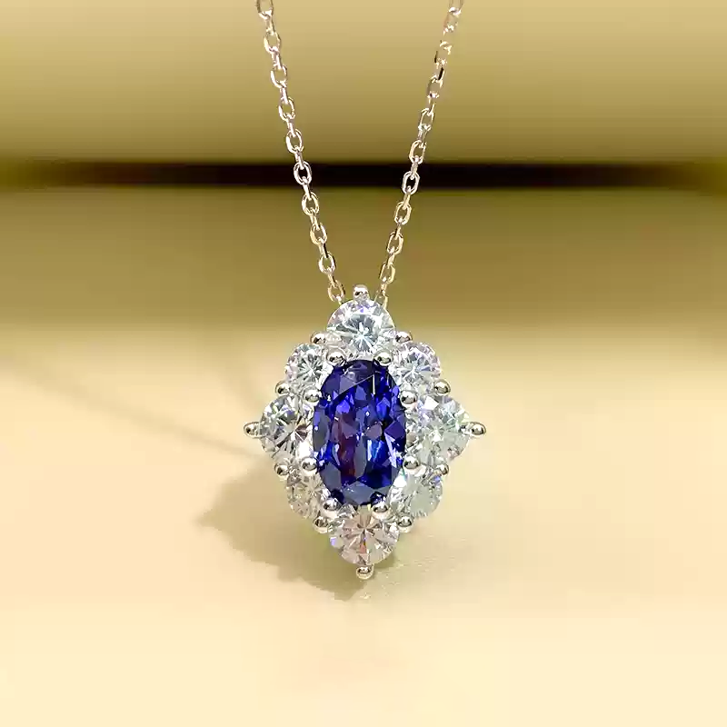 3ct Halo Setting Round Sapphire Necklace