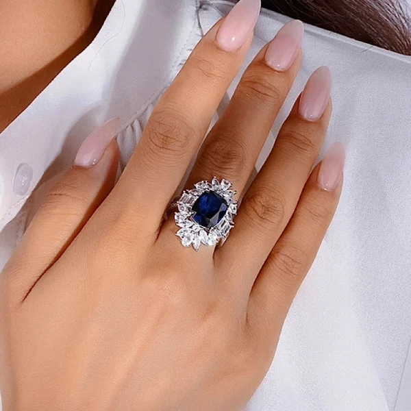 925 Sterling Silver Sapphire Ring with Diamond