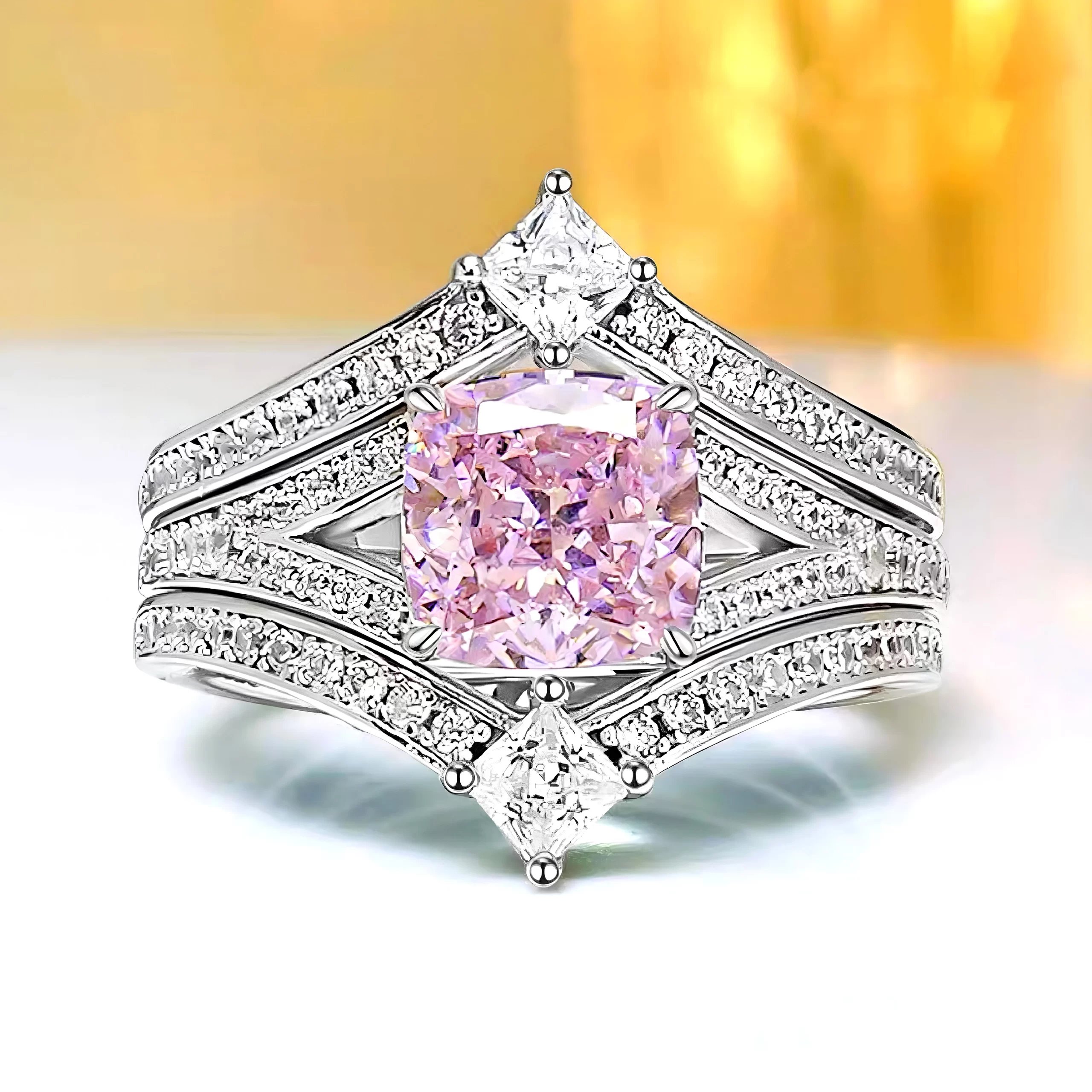 2ct Princess Cut Pink Diamond Ring 2 Piece Set Detachable