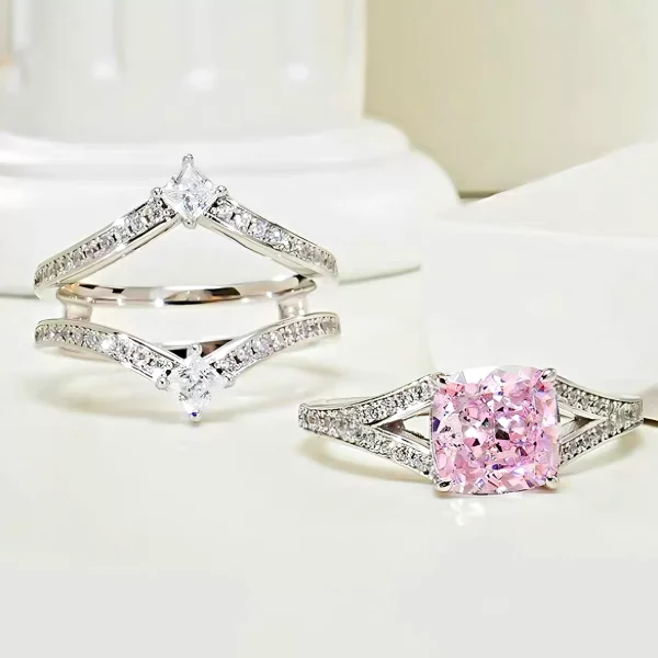 2ct Princess Cut Pink Diamond Ring 2 Piece Set Detachable 2ct Princess Cut Pink Diamond Ring 2 Piece Set Detachable