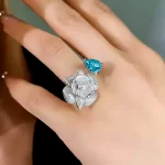 Open Camellia 3ct Pear Blue Topaz Ring