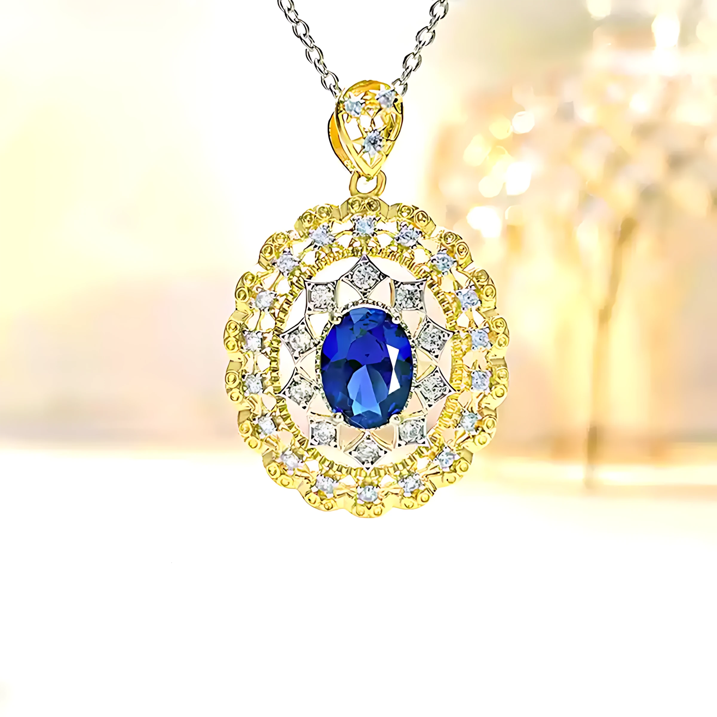 2ct Halo Hollow Setting Oval Sapphire Necklace