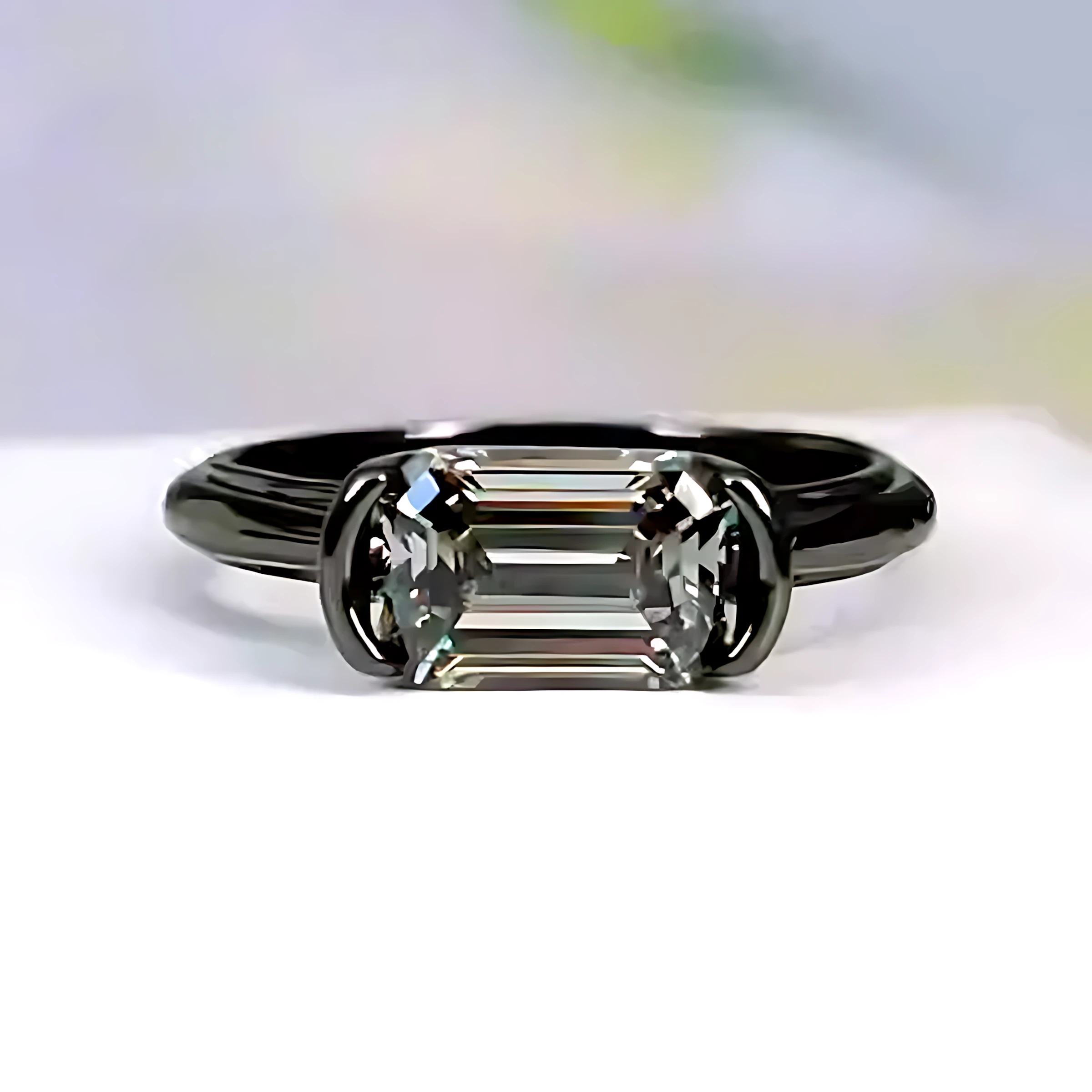 Sterling Silver Black Emerald Cut Diamond Ring