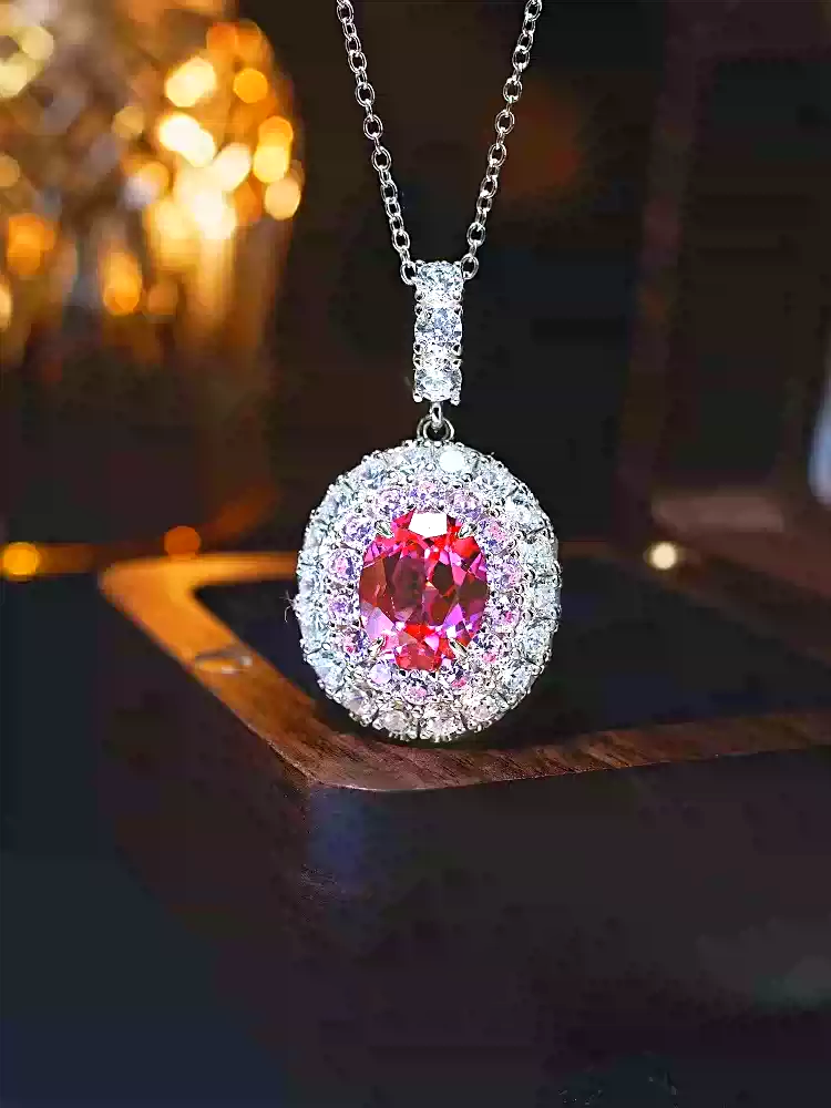 4ct Halo Setting Round Pink Tourmaline Necklace