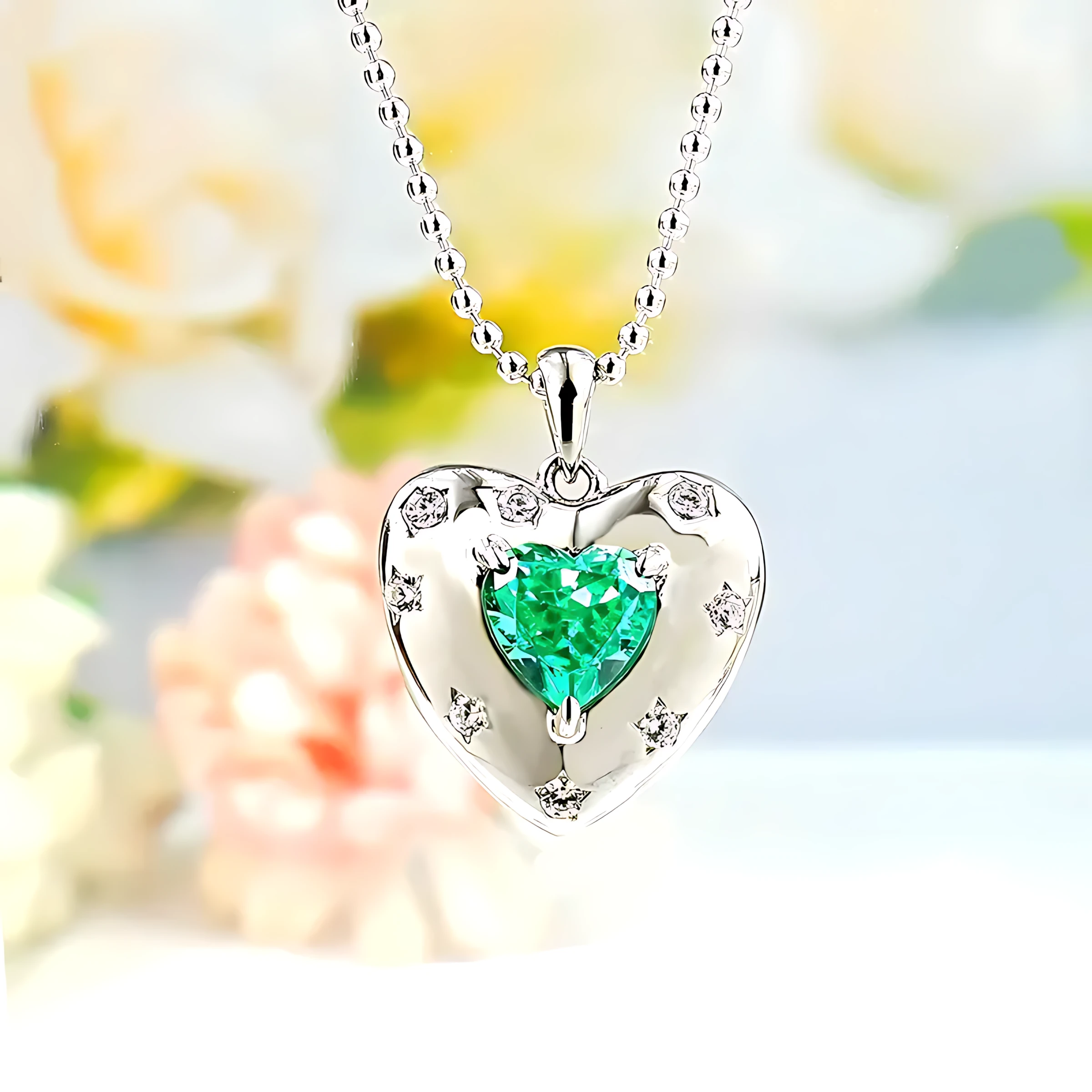 2ct Halo Setting Heart Tourmaline Green Necklace