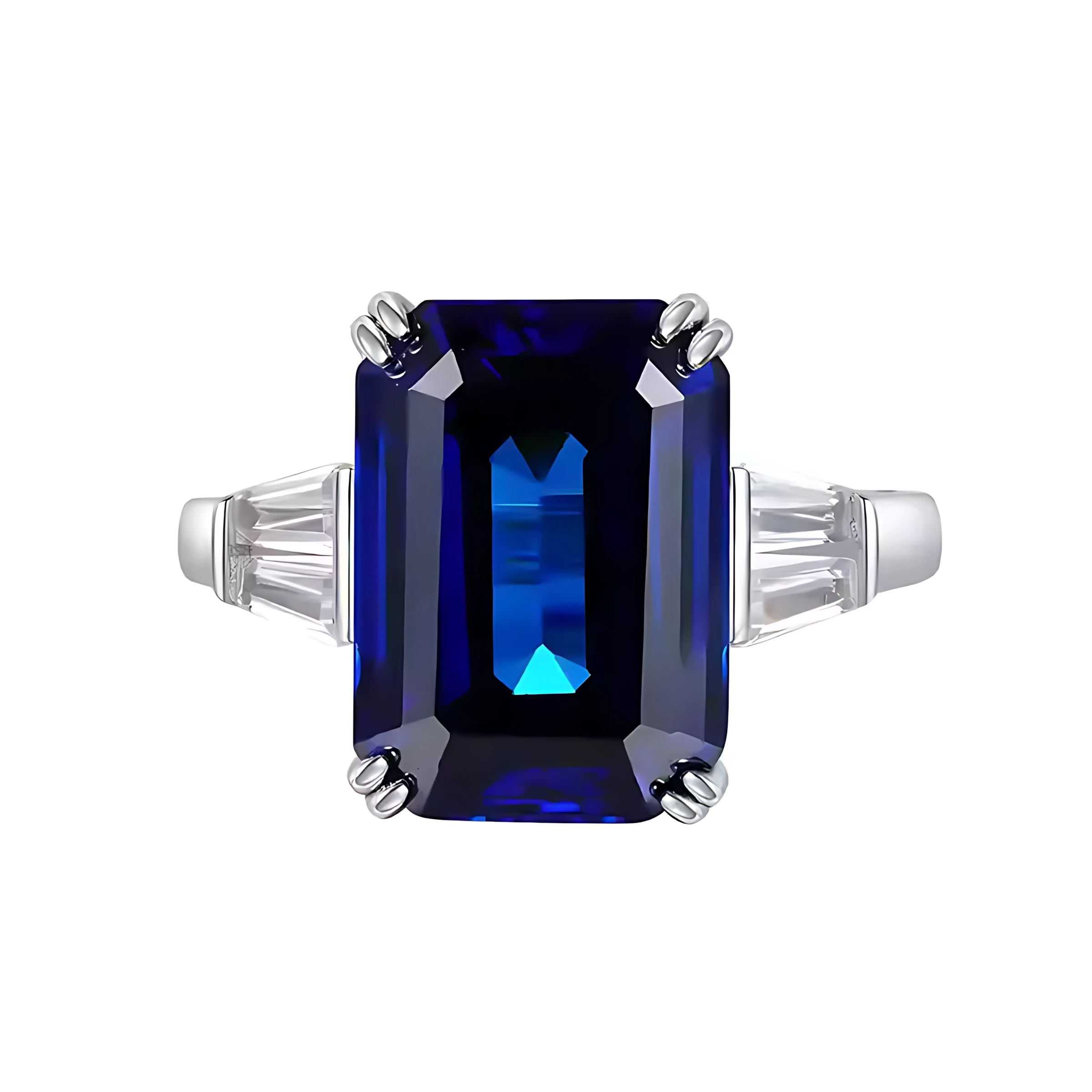 Three Stone 10ct Emerald Cut Sapphire Ring