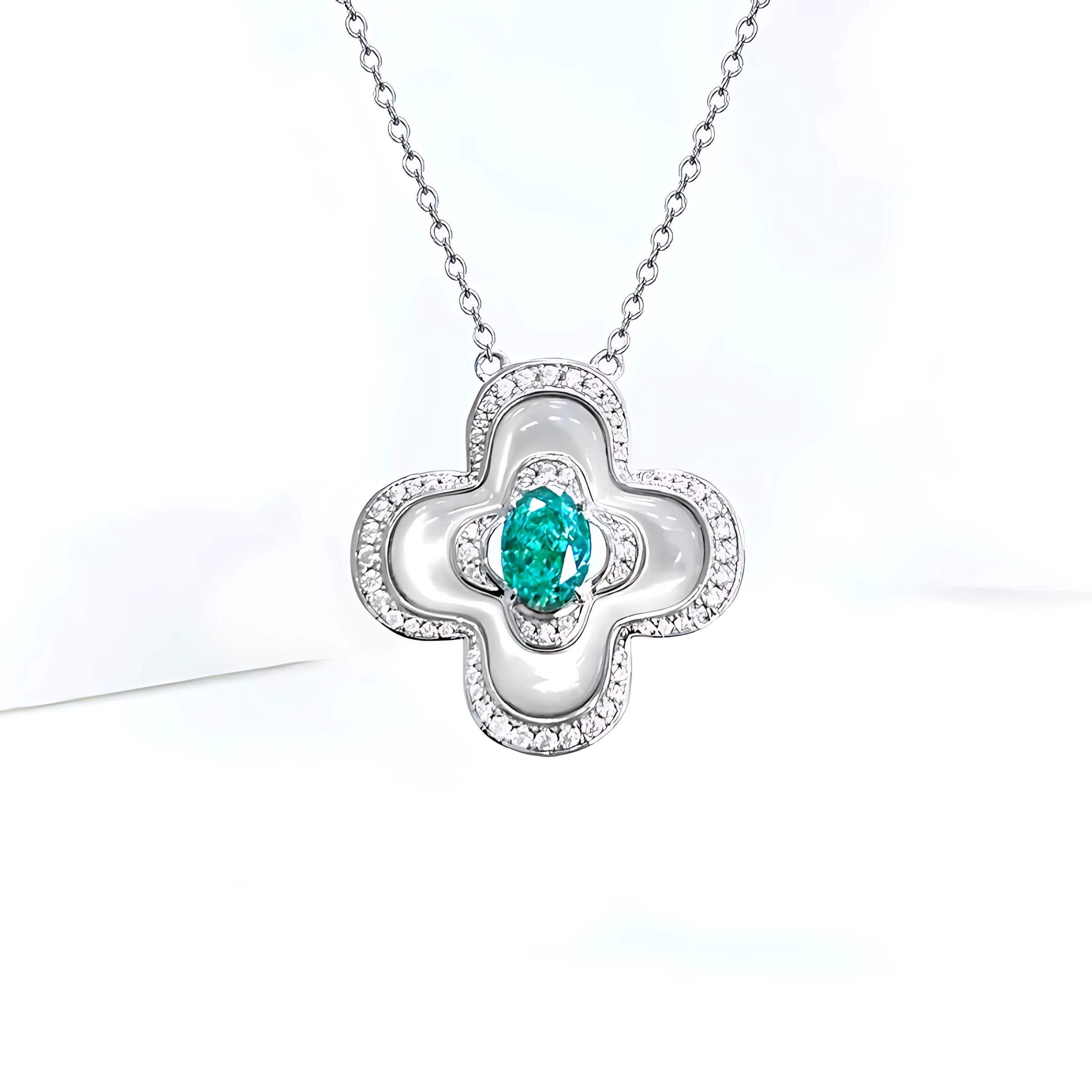 Four Leaves Clover Oval Tourmaline Blue Necklace