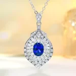 2ct Halo Setting Round Sapphire Necklace