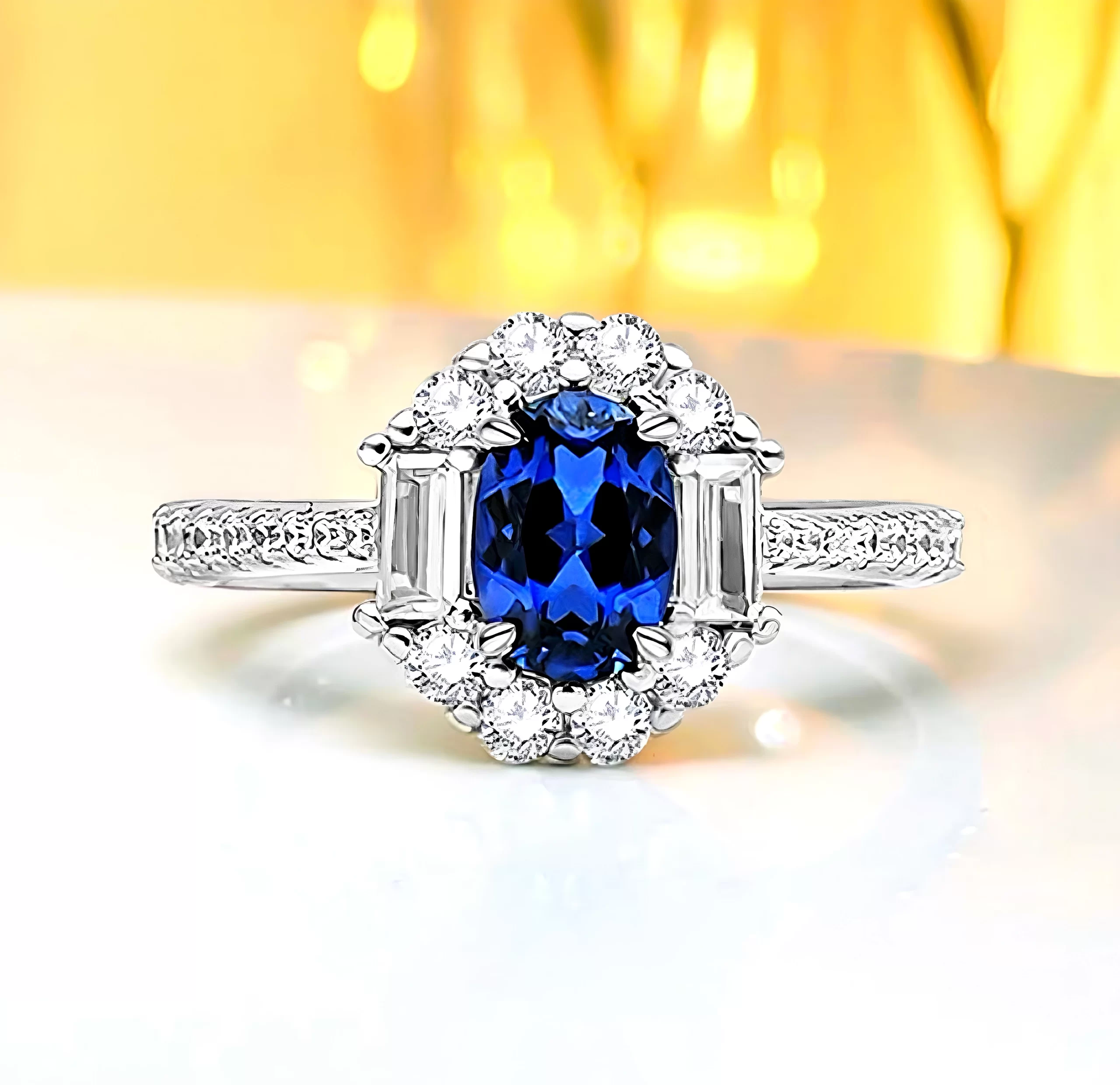 1ct Three Stone Halo Setting Oval Sapphire Ring