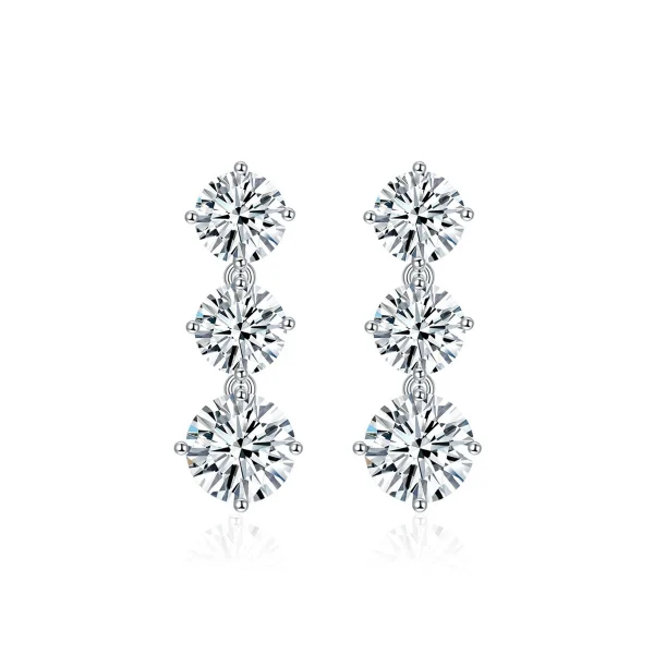 Moissanite Three Stone1.8carat Round Diamond Earrings